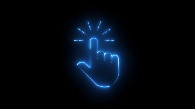 neon click hand cursor icon for touch screen interaction, mouse pointer, website click, tap gesture, user interface button
