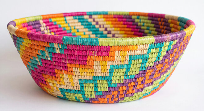 Colorful handwoven raffia basket with geometric pattern isolated on white background