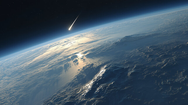 Cosmic rock drifting toward blue planet Earth. Natural solar illumination warms the terrain