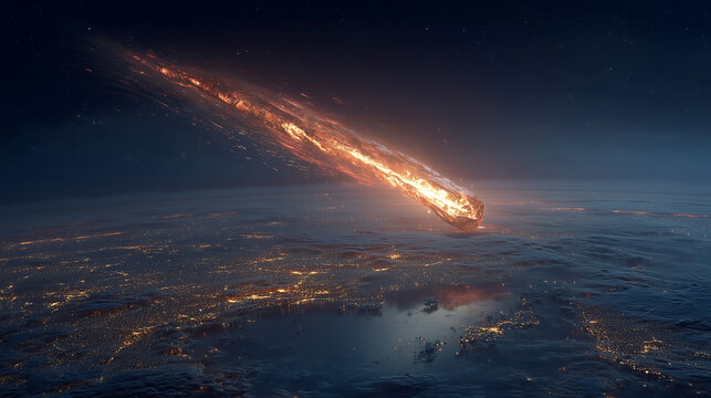 Meteorite entry into Earth atmosphere at night. Glowing plasma trail illuminates dark clouds