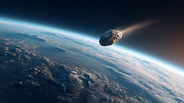 Plasma trail forming behind space asteroid. Blue Earth horizon glows in early morning light