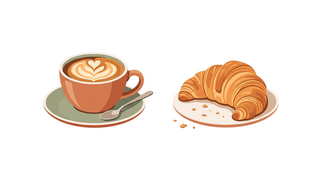 Coffee and croissant vector illustration, morning breakfast cafe concept