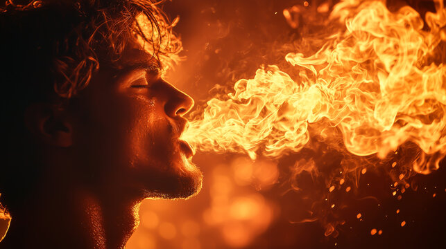 Fire performer spitting glowing flame jet at night. Exciting street theater entertainment scene