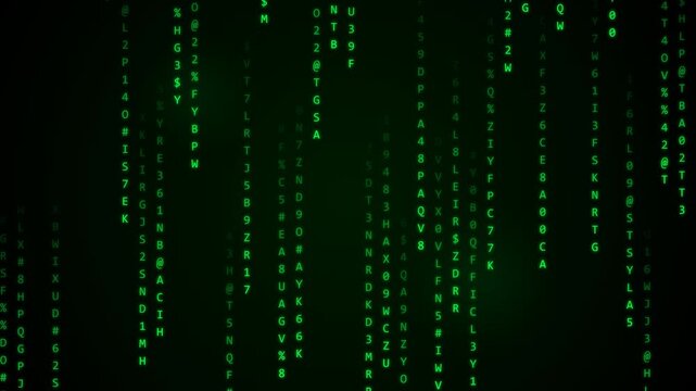 Green Matrix Digital Code Rain Falling Characters Hacker Background Animation on Black Background
