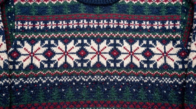 Traditional Christmas sweater knit pattern background: navy wool texture with white snowflakes, red and green Fair Isle stripes, festive winter design