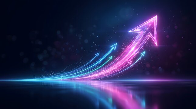 Rising neon magenta and blue arrows on reflective dark background representing exponential revenue growth, positive market trend, and business scaling