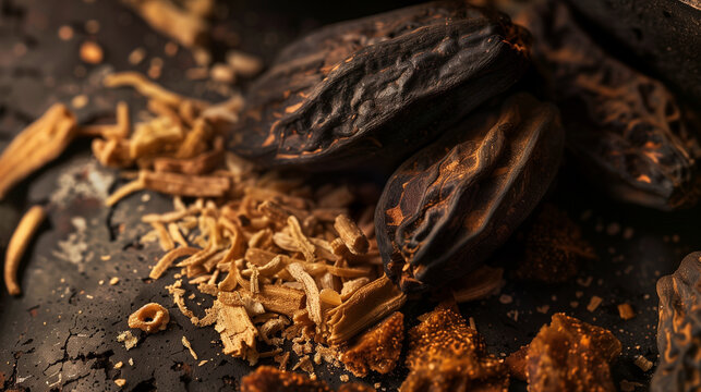 Dark Tonka Beans with Aromatic Wood Shavings in Warm Moody Light