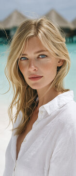 Natural Beauty Portrait of Blonde Woman in White Shirt by Tropical Sea