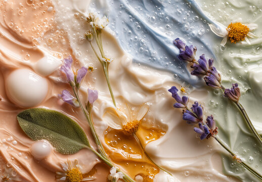 Abstract Botanical Skincare Cream Texture with Lavender and Delicate Flowers