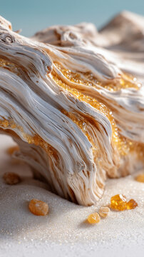 Abstract White Driftwood Grain with Glowing Golden Resin in Macro Detail