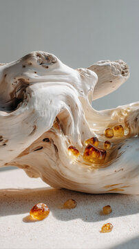 Sculptural White Driftwood with Golden Resin on Neutral Background