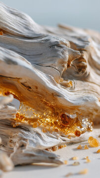 Macro of Bleached Driftwood with Golden Amber Resin and Organic Textures