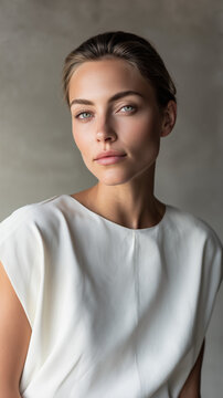 Natural Beauty Portrait of Brunette Woman in White Minimal Dress