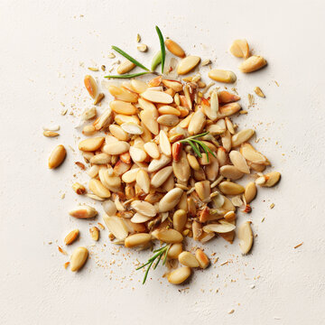 Pine Nuts with Fresh Rosemary on White Background Top View