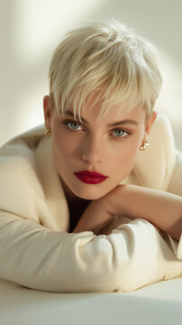 Close Up Beauty Portrait of Platinum Blonde Woman with Pixie Haircut and Red Lips