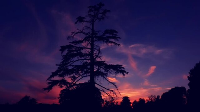 Timelapse Of a Tall Tree Against Colorful Sunset Sky Over Rural Landscape At Dusk