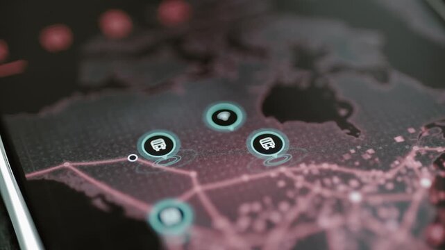 Paired bus markers hover over pink North American routes