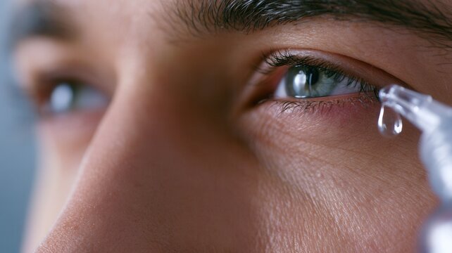 Person applying eye drops to an eye providing relief and treatment for vision health dry eye syndrome