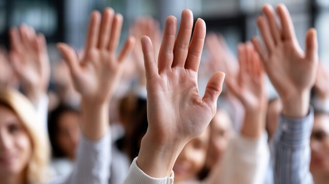 Hands raising during a conference or seminar showing participation voting and from an audience engagement