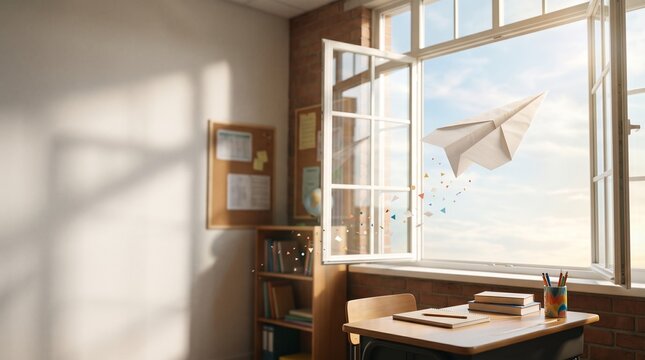 Paper airplane flying through an open window from a classroom