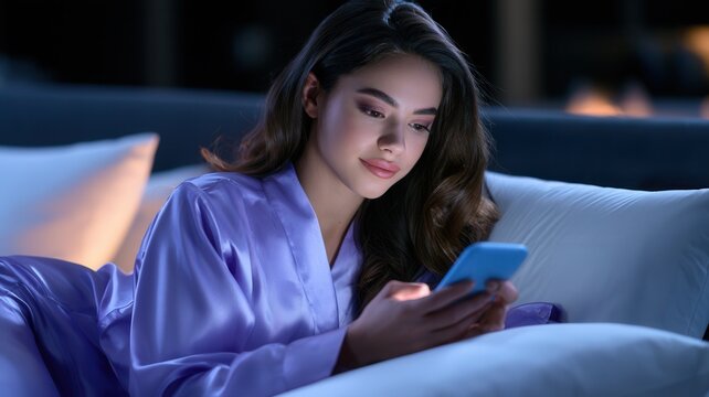 Young woman lying in bed using her mobile phone at night She is smiling connecting to media or messaging social