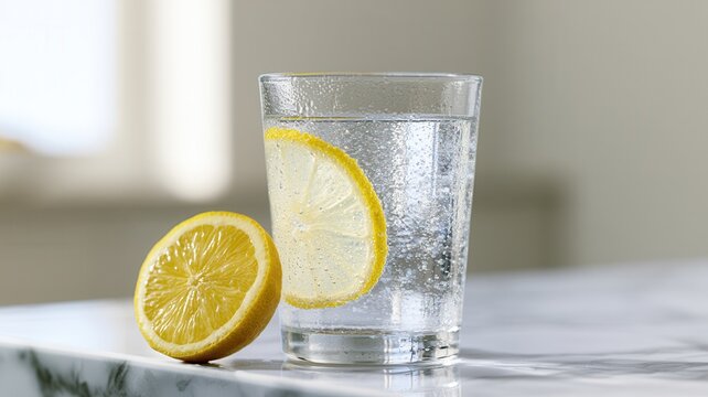 Glass of sparkling water with lemon slice offering crisp and healthy hydration refreshment