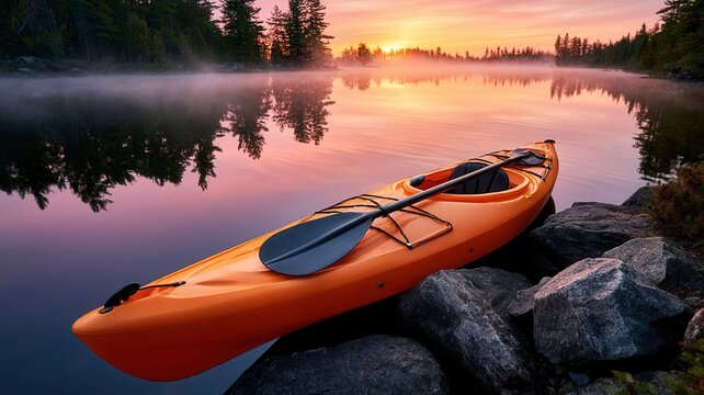 Orange kayak resting on calm lake water at sunrise with misty forest colorful sky reflecting