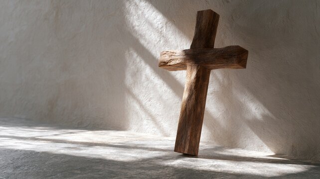 Wooden cross standing on natural stone block with dried palm leaf symbolizing faith and spiritual hope resurrection
