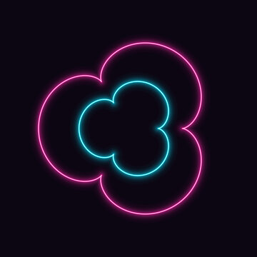 Neon epicycloid curve with three cusps with glowing pink and cyan light on dark background