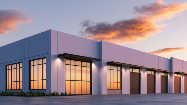 Modern logistics warehouse building with numerous loading docks under vibrant sunset sky