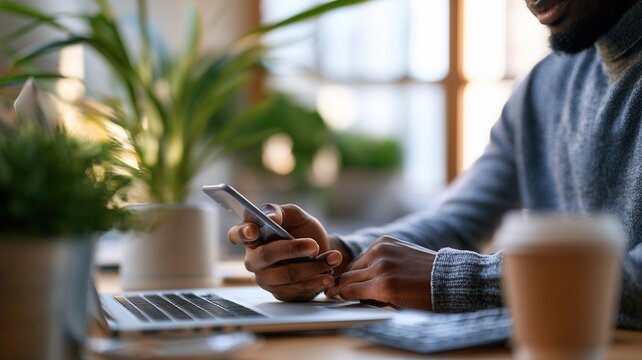 Person using smartphone while working on laptop digital communication remote and mobile connectivity business