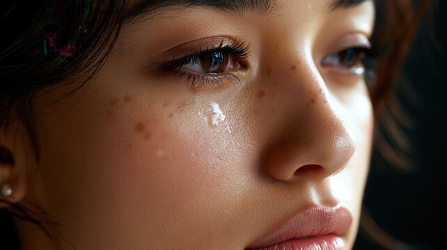 Close up of a person's red irritated eye with a tear rolling down the cheek illustrating allergy or discomfort sorrow