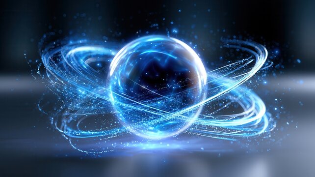 Energy sphere generating power with glowing blue light swirling particles and dynamic trails a reflective surface
