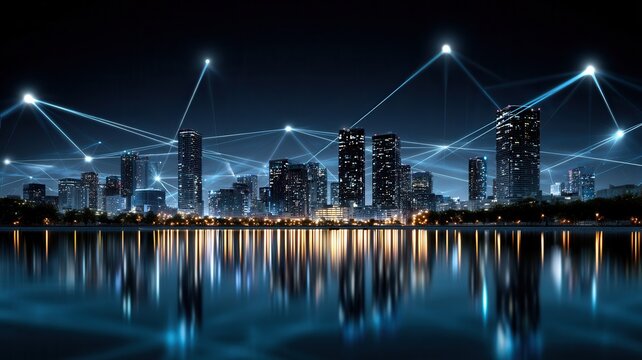 City skyline at night with glowing blue lines connecting buildings representing global network and internet connectivity data