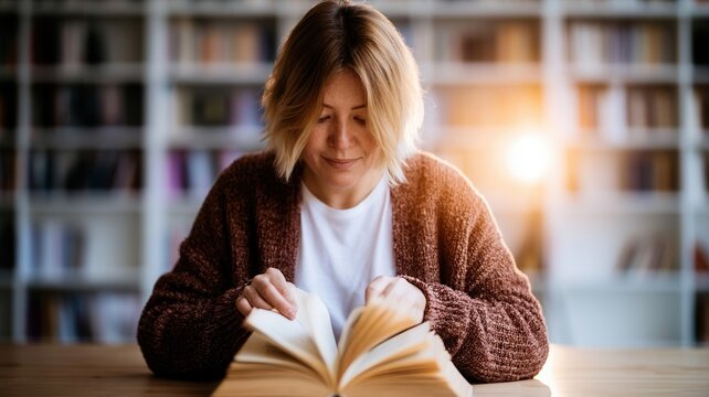 Mature woman reading old book in library enjoying learning and studying turning of classic novel pages