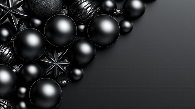 Black christmas baubles and decorative snowflakes creating elegant holiday background winter season greetings