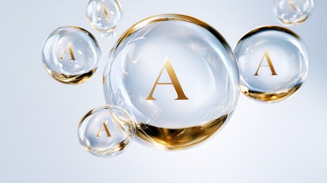 Golden letter a inside transparent spheres symbolizing essential vitamin a for skin health and beauty care