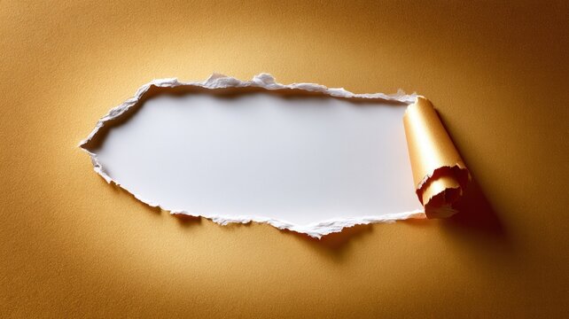 Golden paper torn revealing a blank white space creating a frame for information or surprise new