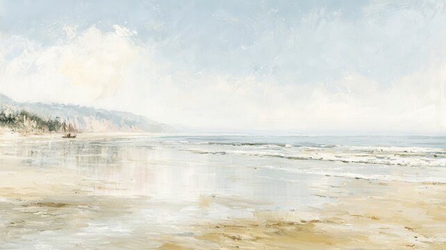 Serene coastal landscape painting depicting a tranquil beach scene with an old fishing boat resting the wet sand