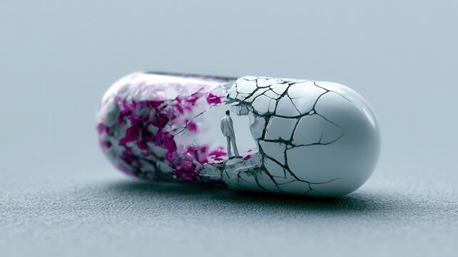 Human figure running from breaking medicine capsule symbolizing escape and overcoming challenges freedom