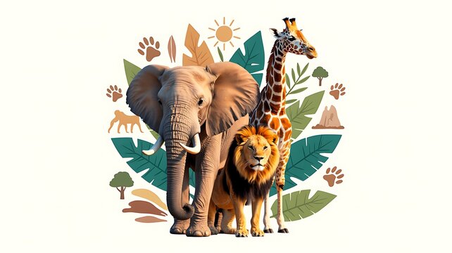 Majestic wild animals including elephant, lion, and giraffe standing together against colorful tropical jungle leaves pattern background