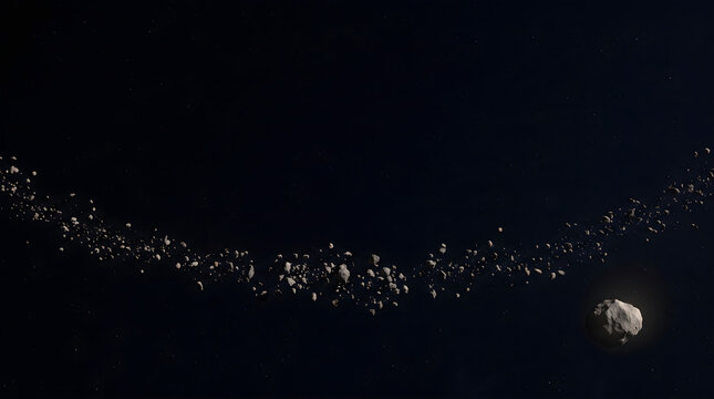 Stunning astroid belt floating in deep outer space with rocky debris and distant stars in the background