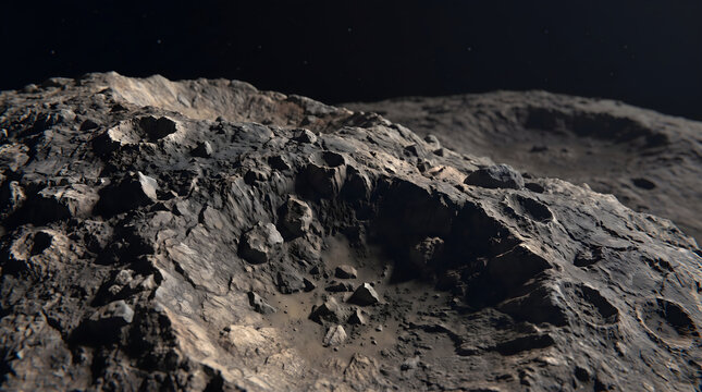 Stunning closeup view of an astroid belt showing rocky terrain, deep craters, and dark space in background