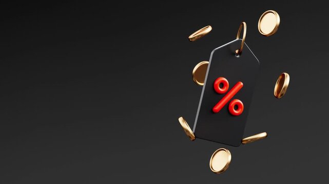 Floating black price tag with a red percentage sign and golden coins on a dark background. Shopping sale, discount offer, and clearance concept. Looping video in 3d animation