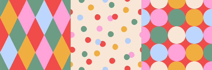 Fototapeta na wymiar Set of holiday geometric seamless colorful pattern with rhombus, confetti, color circles. Trendy harlequin print, circus pattern. Vintage background for Christmas, party,birthday. Vector illustration.