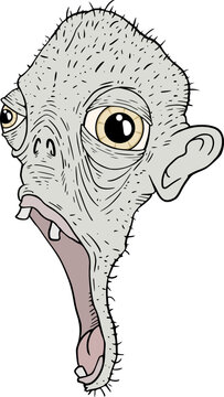 A comical zombie creature head with an open mouth, exposed teeth, and grotesque features draw
