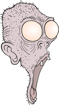 A comical blind zombie creature head with oversized eyes and an open mouth draw