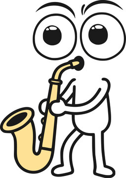Funny cartoon character with big eyes playing a saxophone during a lively musical performance draw