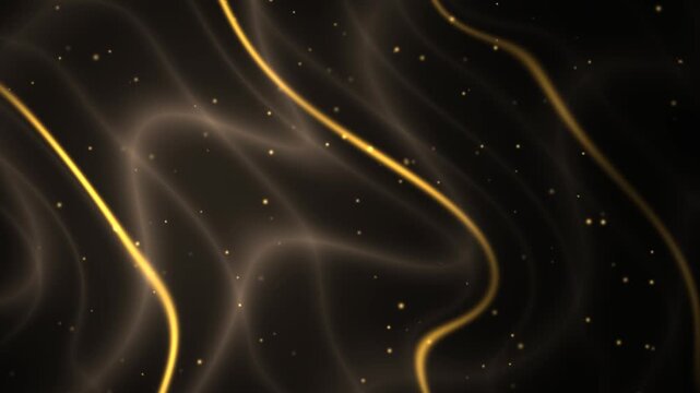Glowing golden ribbons flow across a dark background as soft light sweeps and tiny gold sparkles drift upward. Elegant seamless looping 4K abstract background for luxury, wealth and finance themes.