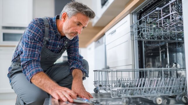 Expert repair service in action as a technician tests dishwasher performance after installing new electronic control boards in a contemporary home kitchen.